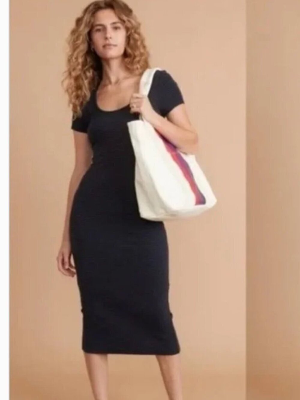 Marine Layer Lexi Dress Rib Short Sleeve Scoop Neck Bodycon Midi Black NWT XS